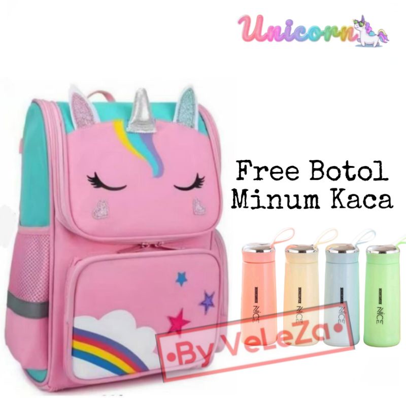 Tas Ransel Anak Unicorn Canvas gratis Botol Minum Kaca