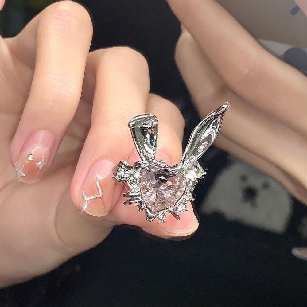 Mxbeauty Wanita Cincin Trendi Indah Menawan Desain Niche Hadiah Gadis Telinga Kelinci Manis Zirkon Hati Merah Muda Gaya Korea Ring