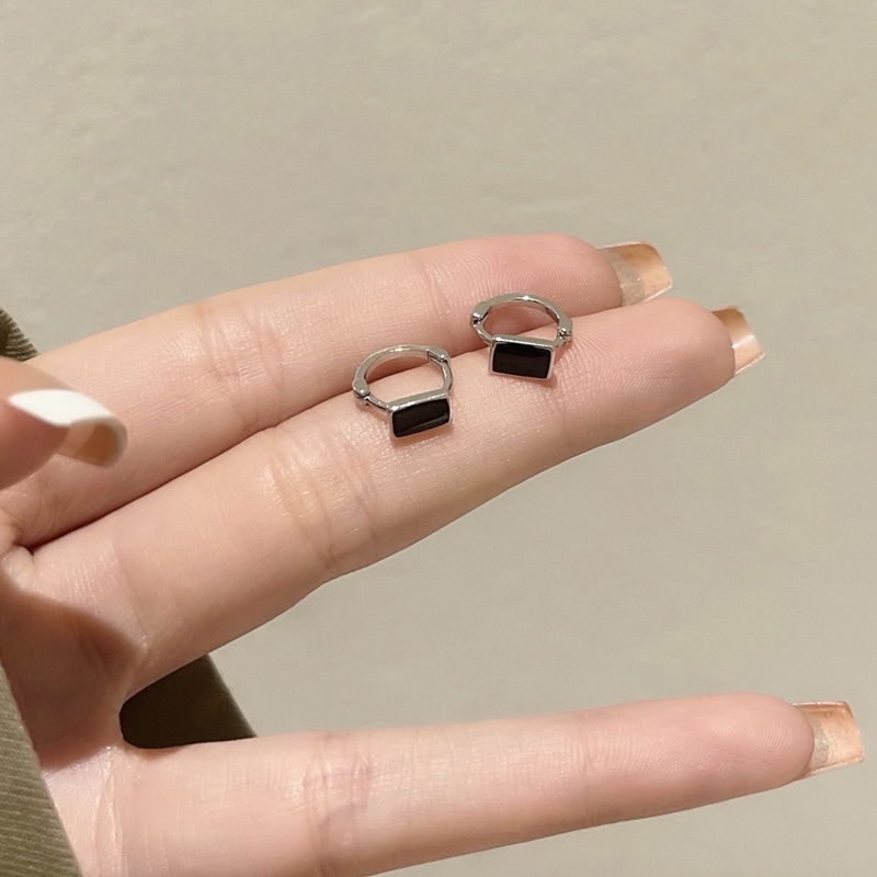Roselife 1pasang Korea S925 Perak Hitam Persegi Panjang Kecil Anting Hoop Untuk Wanita Perempuan Chic Geometris Bulat Anting-Anting Perhiasan Hadiah