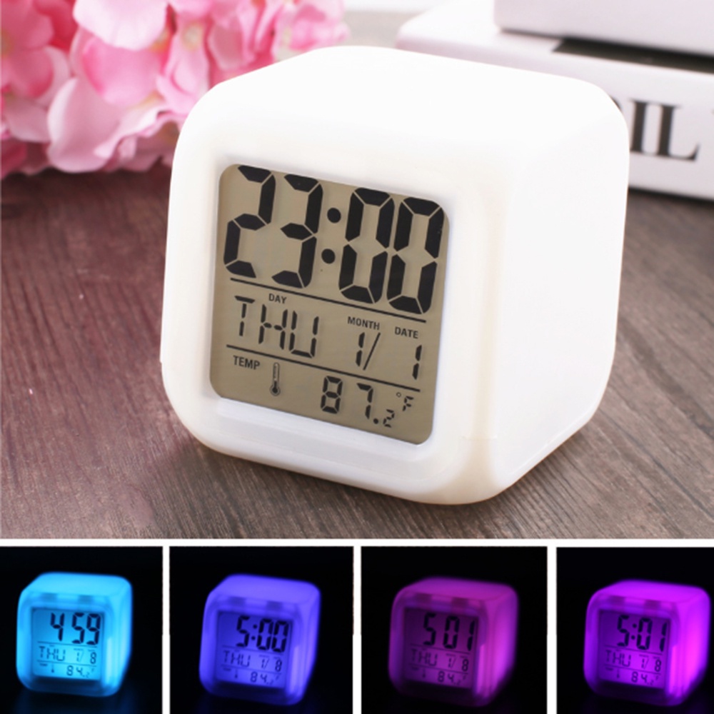 ღ 7 Warna Perubahan Led Jam Alarm Digital dengan Tanggal Alarm Thermometer Portable Jam Alarm Thermometer Malam Bersinar Rumah Kamar Tidur dekorasi