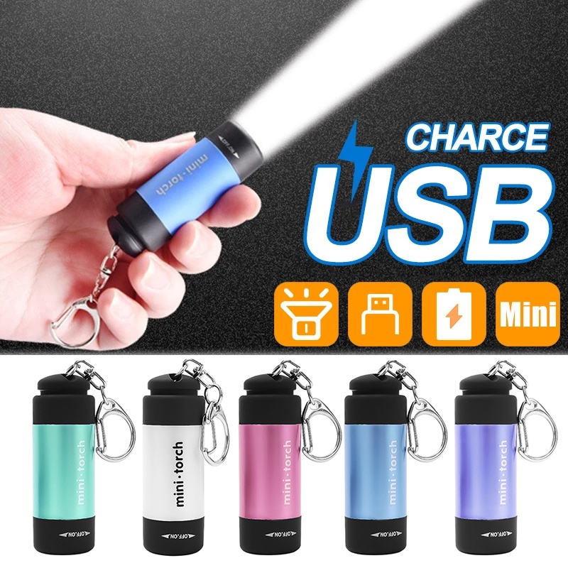 Travel Portable USB Chargeable Senter Mini Untuk Camping Emergency Handheld Mini LED Flashlight Praktis Mini Torch Dengan Gantungan Kunci Obor Saku Ringan