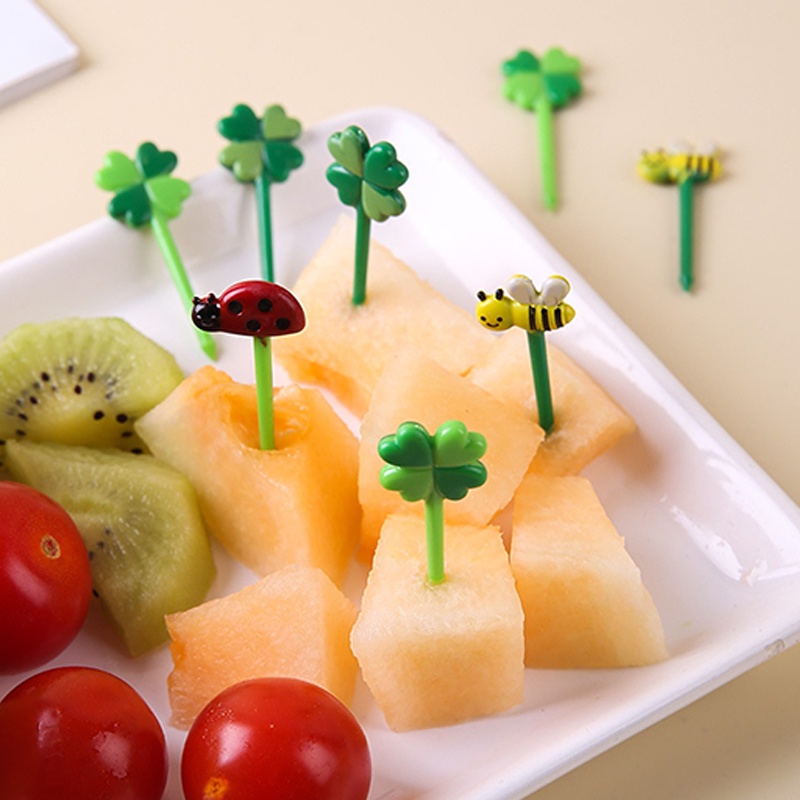 8 / 12Pcs Kids Fruit Picks Needle Stick Toothpicks Mini Creative Fruit Cake Dessert Food Forks Cartoon Cute Bees Clover Lunch Box Decor Bento Accessories