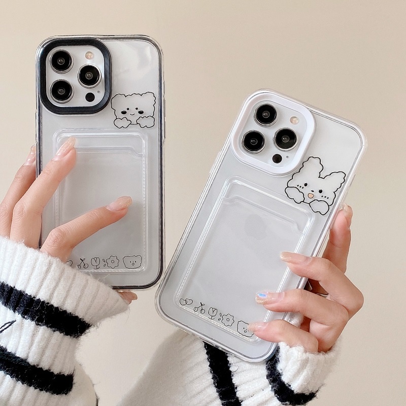 IPHONE Casing Pelindung Transparan Desain Lengan Kartu 3in1 Untuk Iphone14 13 12 11 Pro Max X XR XS Max7 8 Plus Lovely Rabbit small Bear