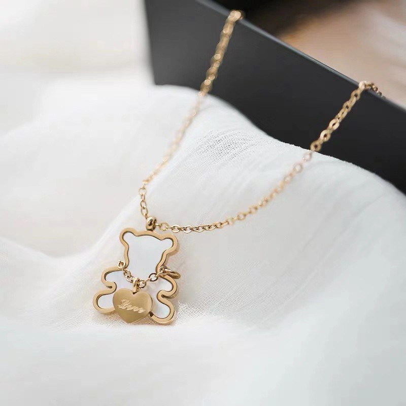 Kalung Klavikula Hias Liontin Beruang Teddy Bahan Titanium Steel 18K Warna Rose Gold