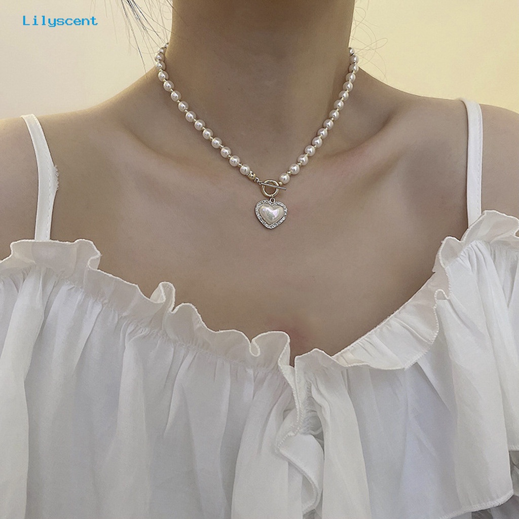 [LS] Klavikula Kalung Elegan Jantung Shell Liontin Manik Manis Mengkilap Hias Hadiah Wanita Besar Putih Imitasi Mutiara Kalung Pesta Perhiasan