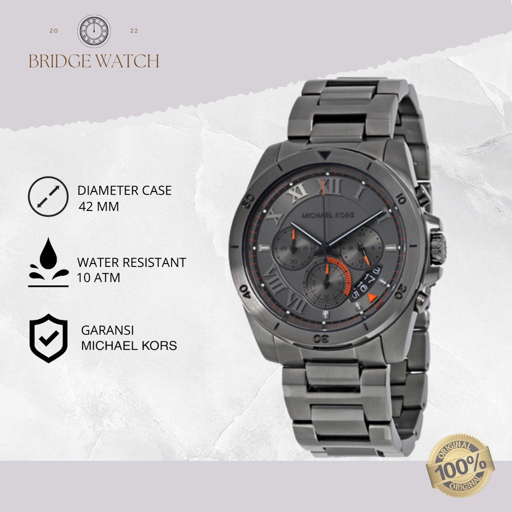 Jam Tangan Pria Michael Kors Brecken MK8465 Original Analog Chronograph Grey Stainless Steel Strap R