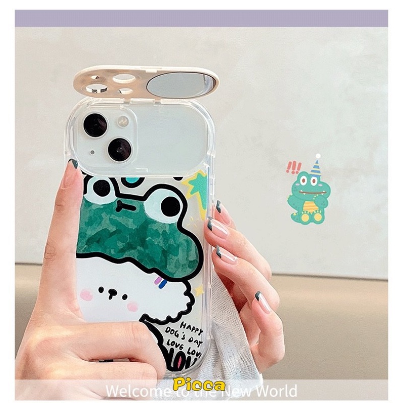 Flip Kreatif Make Up Mirror Case Kompatibel Untuk IPhone 11 Pro Max XR 7Plus 8 7 Plus X 13 11 12 14 Pro Max XS Max SE 2020 Graffiti Kartun Hewan Kelinci Lucu Kodok Anjing Soft Cover