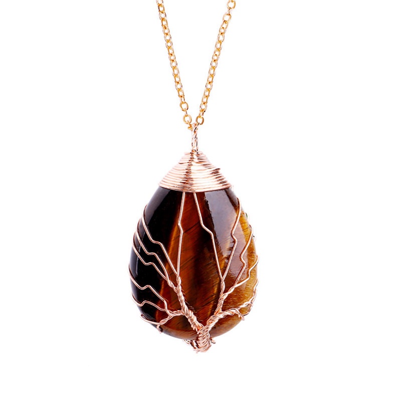 Batu Opal Kuarsa Alami Liontin Buatan Tangan Warna Rose Gold Handmade Pohon Kehidupan Dibungkus Drop Shaped Kristal Pendant Kalung