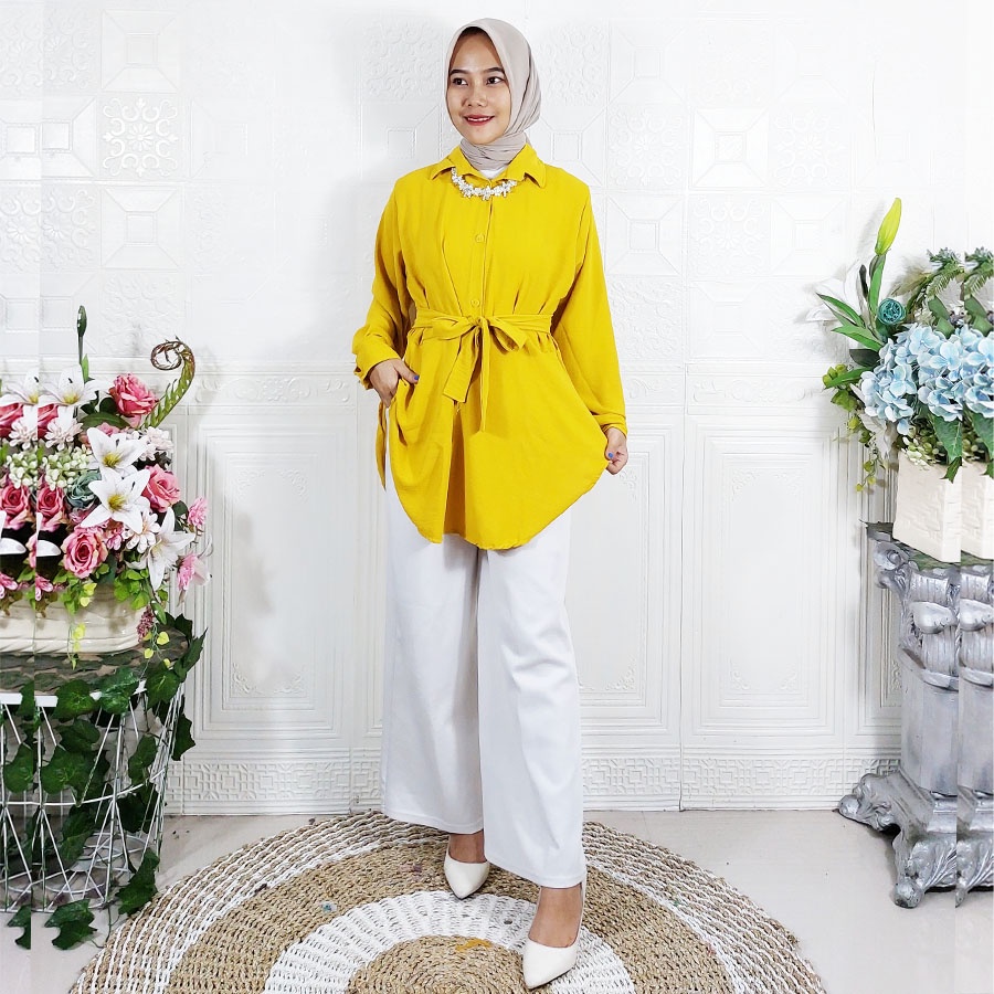 SALIARA CRINGKLE AIRFLOW BLOUSE ATASAN WANITA LONGSLEEVE BELT GL FASHION
