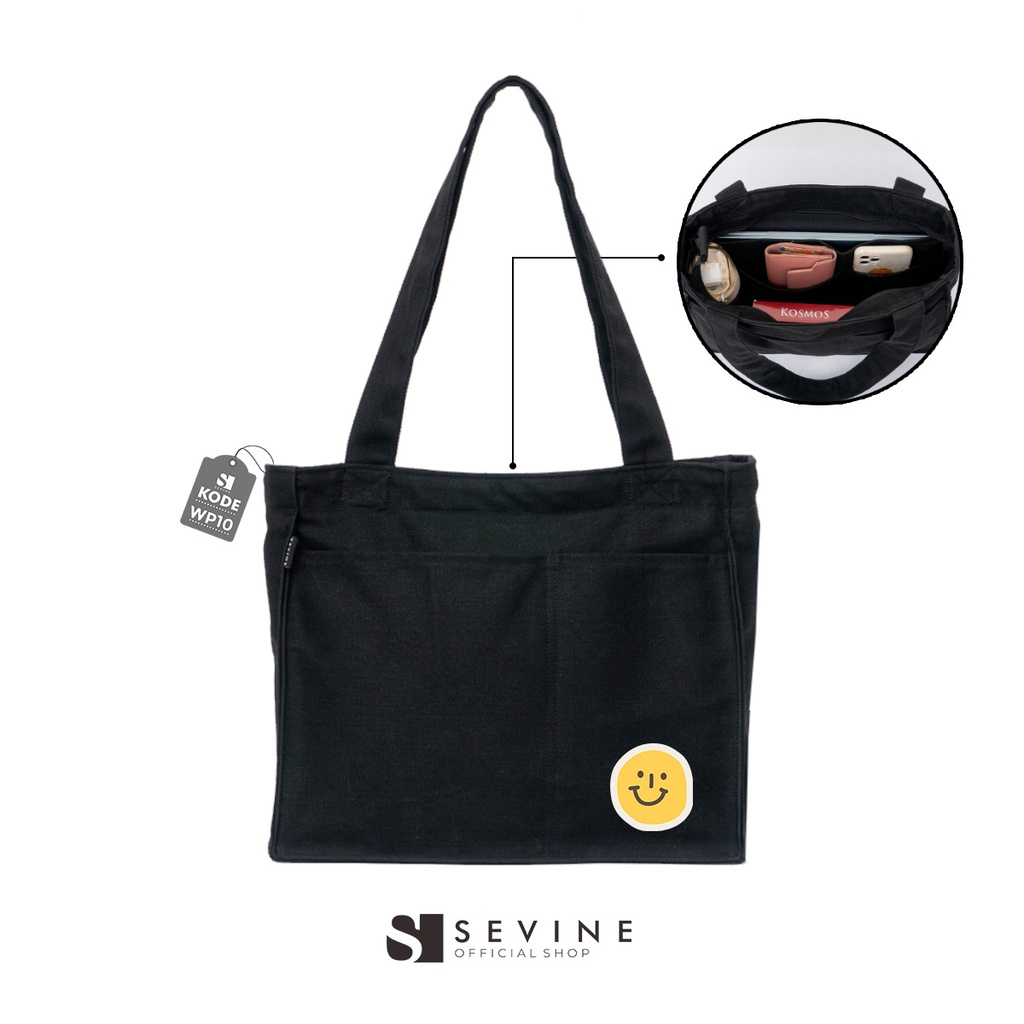 Sevine Totebag Kanvas Rebecca Tas Wanita Tote Bag Kuliah Sekolah Sekat Resleting Laptop Hitam Elegan Aesthetic - WP