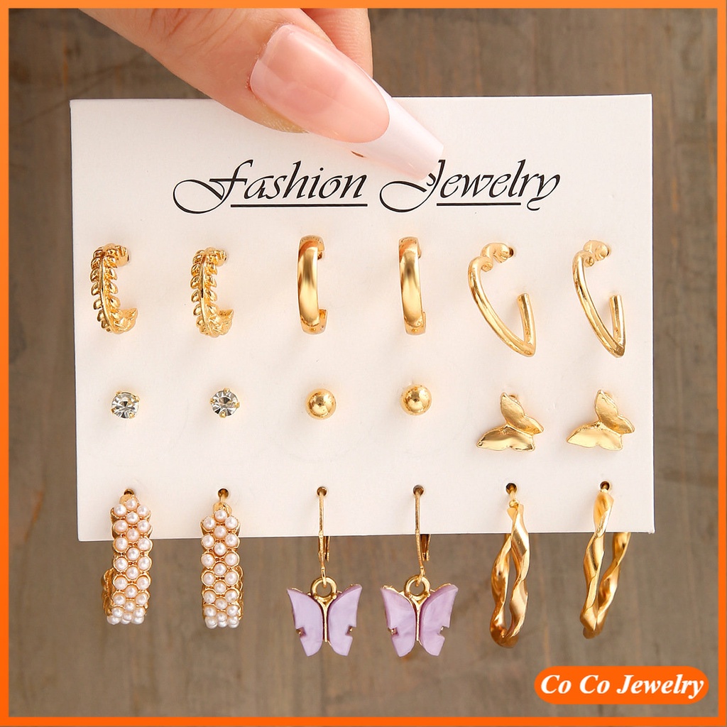 Cocojewelry 9pasang/Set Anting Mutiara Retro Kreatif Untuk Wanita Fashion Set Perhiasan Telinga Kupu-Kupu