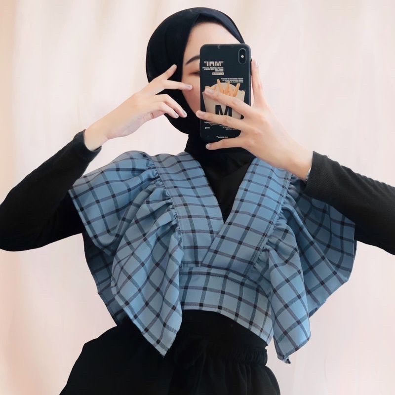 bella korean top // vest ruffle korea tartan // rompi