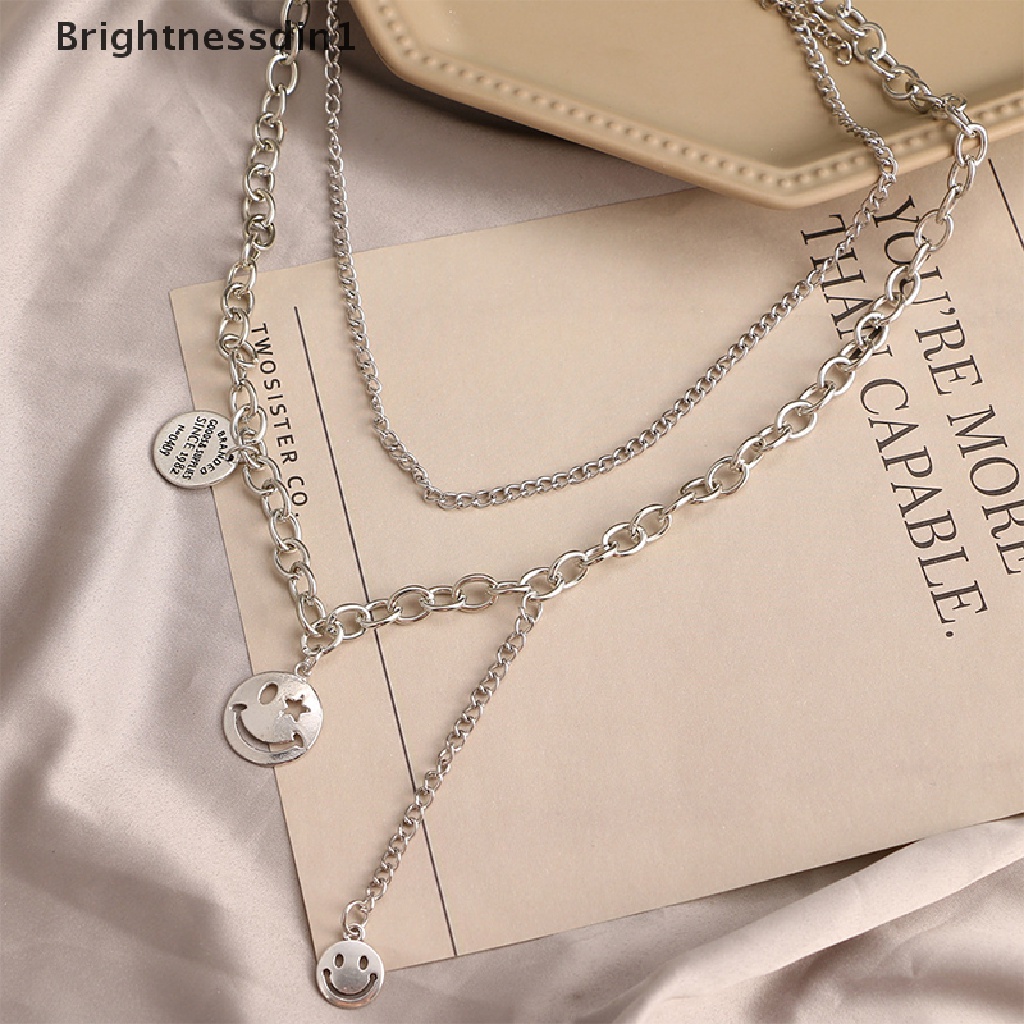 [Brightnessdin1] Smiley Face Pendant Necklace Silver Layered Necklace Alloy Chain Retro Gaya Hip Hop Punk Wajah Senyum Rantai Huruf Multilayer Kalung Panjang Klavikula Rantai Butik