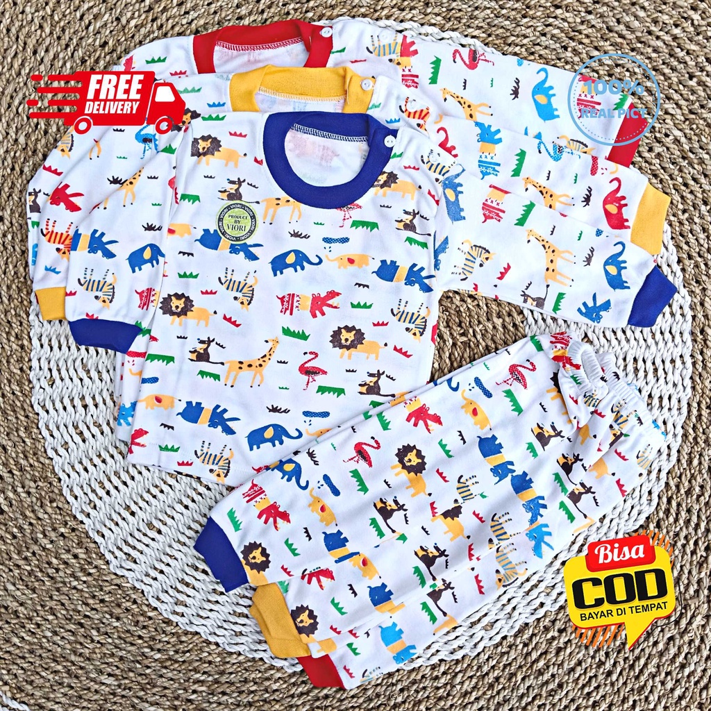 Setelan Baju Bayi Panjang 3 - 12 Bulan merk VIORI motif ANIMAL SAFARI, Bahan Double Knitted