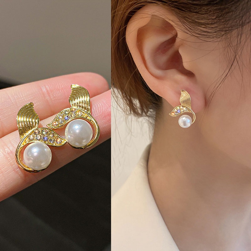 Baru Mermaid Fishtail Mutiara S925 Perak Disepuh Earring Ear Studs Untuk Gadis Manis