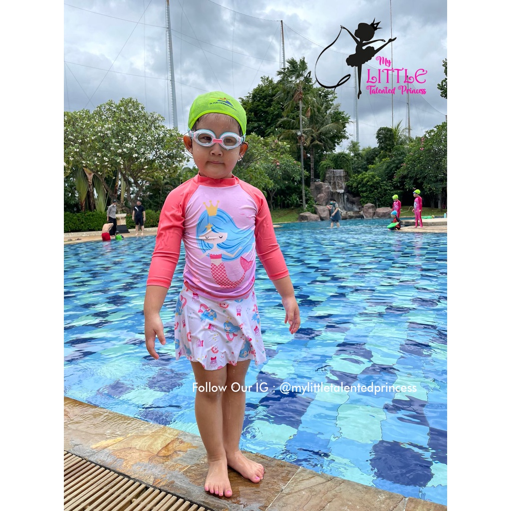 Baju Renang Anak 2 piece Lengan Panjang Rok Topi Mermaid IMPORT cantik