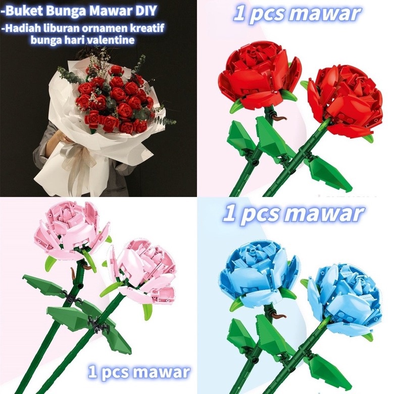 ️【COD】 Bunga Balok Mainan DIY Bouquet Flower Mainan Hadiah Mawar Merah Blok Bangunan Bunga