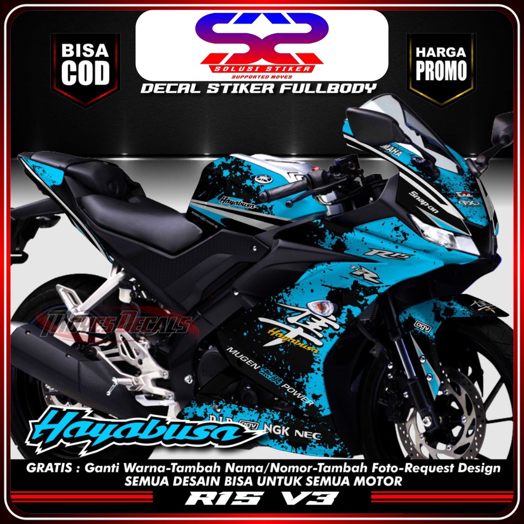 Sticker Decal R15 V3 Sticker Yamaha R15 V3 Motifhayabusa biru muda FullBody