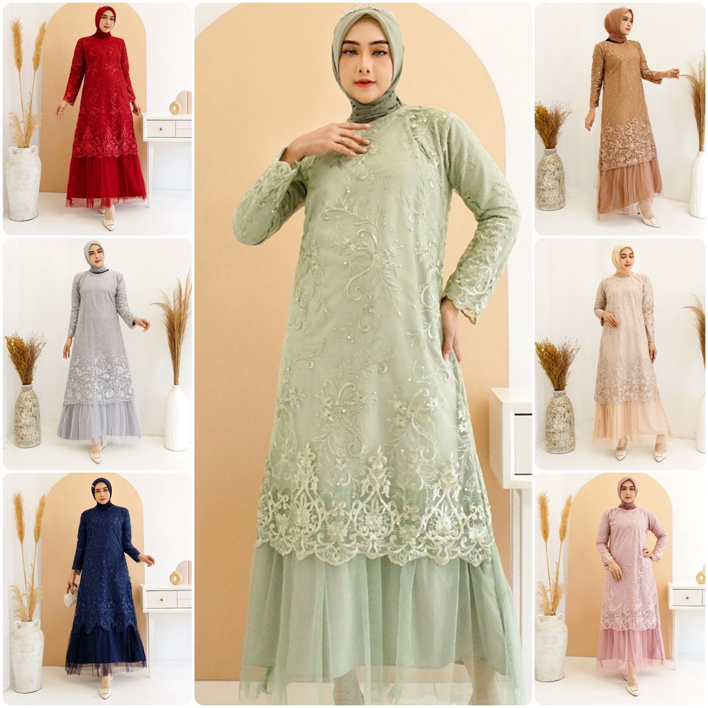 (Full Tile Brukat) Gamis Arini Full Tile Bordir Mutiara Glitter Brukat Tulle Brokat Maxi Dress Pesta