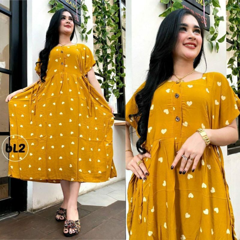 Daster Rayon Jumbo Wanita Dewasa Lengan Pendek Motif Love Terbaru Kekinian Busui