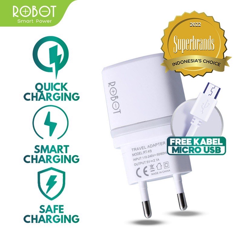 ROBOT CHARGER / ADAPTOR &amp; KABEL DATA USB MICRO QUICK CHARGE RT-K09 SERIES 2.1A ORIGINAL GARANSI RESMI 1 TAHUN