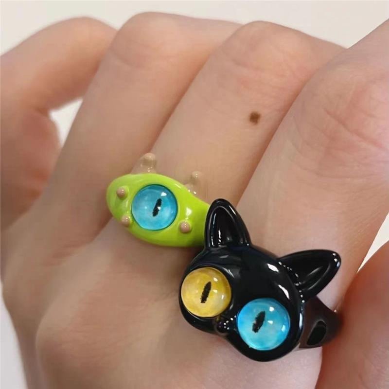 Cincin Bayi Mata Kucing Bermata Besar Bahan Alloy Korea Warna Hitam Untuk Wanita