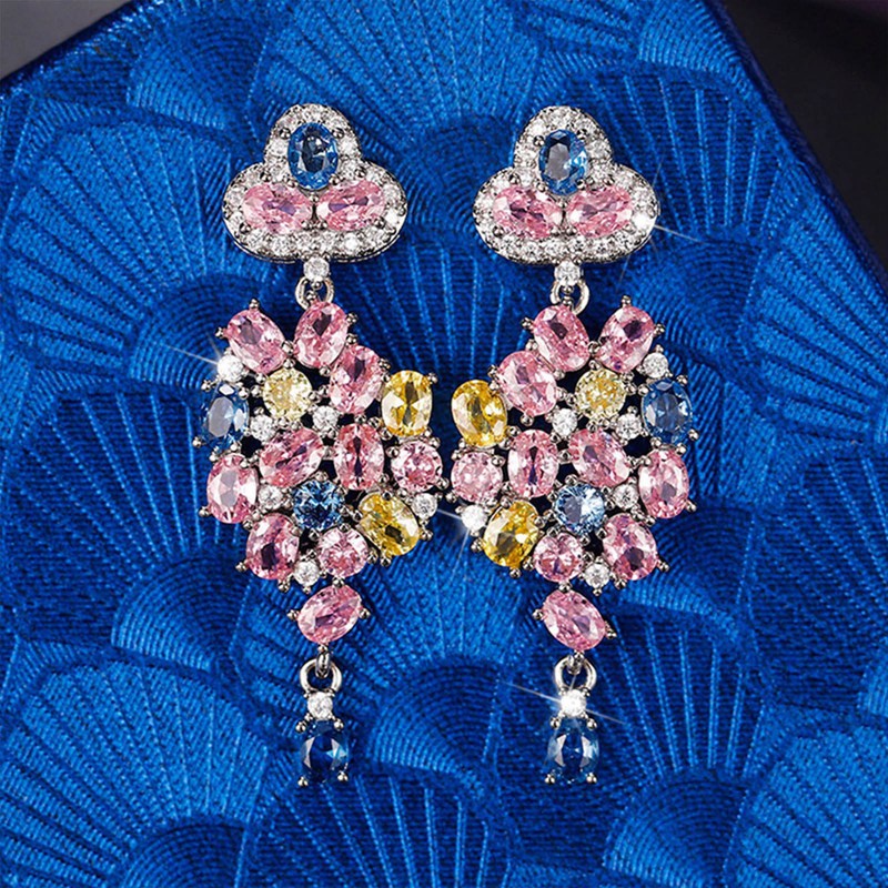 Penuh Bling Es Menjuntai Anting Wanita Untuk Aksesoris Pernikahan Warna-Warni CZ Drop Earrings Pesta Anniversary Perhiasan Baru