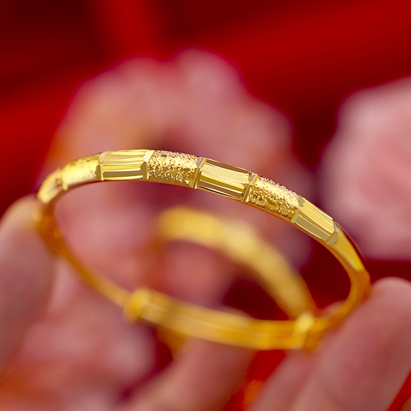 Goldkingdom Fashion Perhiasan Emas Asli Kadar 375Bangkok Aksesoris Ready Stock Wanita Tembaga Murni Gilt Vintage Bambu Matte Gelang Push-pull Gelang Dari Gas Mulia