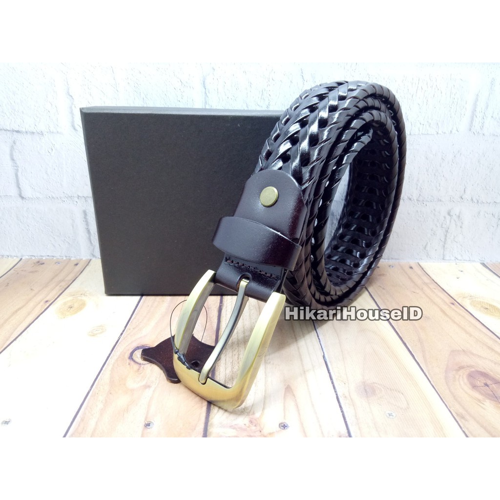 Ikat Pinggang Pria Gesper Jarum Model Kepang Anyam Kulit 3.5 Cm