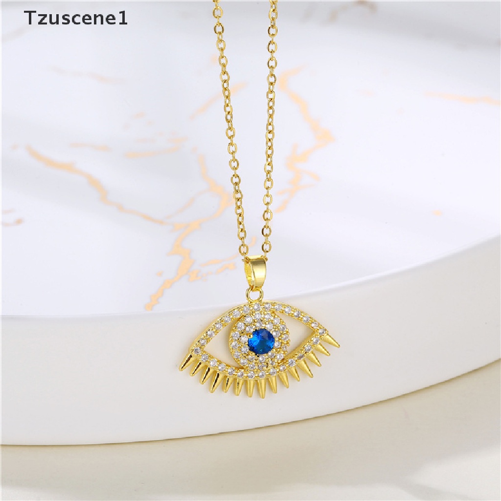 [Tzuscene1] Evil Eye Charm Pendant Lapis Emas Asli 18K Cubic Zirconia Perhiasan Kalung Butik