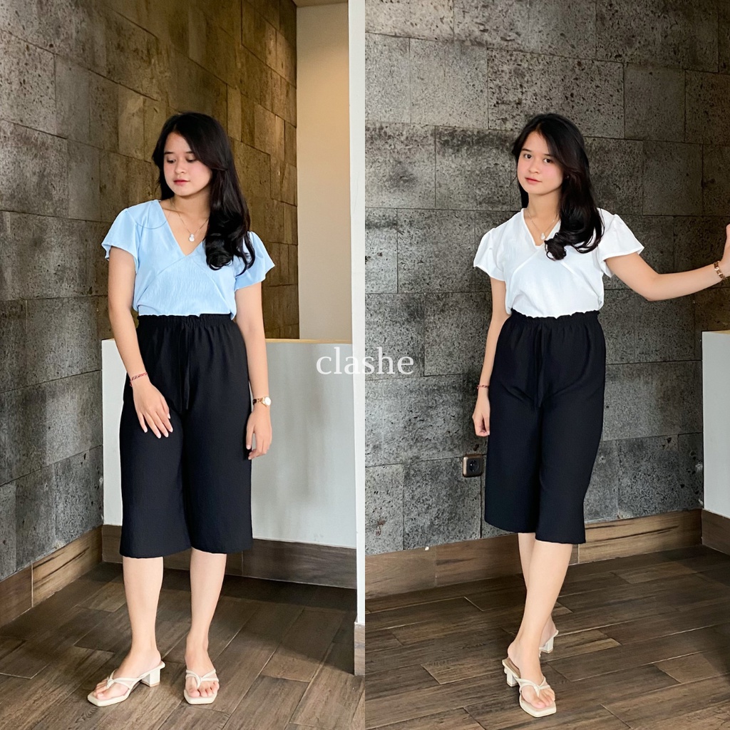 Baju Crop Wanita Atasan Lengan Pendek Crinkle Airflow Anti Lecek Korean Style Kekinian Terbaru Ootd Unna Top by Clashe