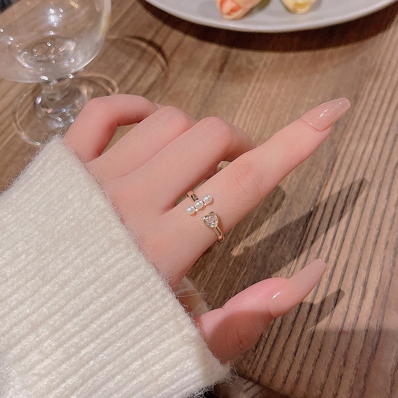 Goldkingdom Aksesoris Perhiasan Fashion Ready Stock Korea Ins Pasang Desain Senior Rasa Cinta Cincin Jari Telunjuk Pembukaan Cincin Mutiara Yang Dapat Disesuaikan Cincin Perempuan