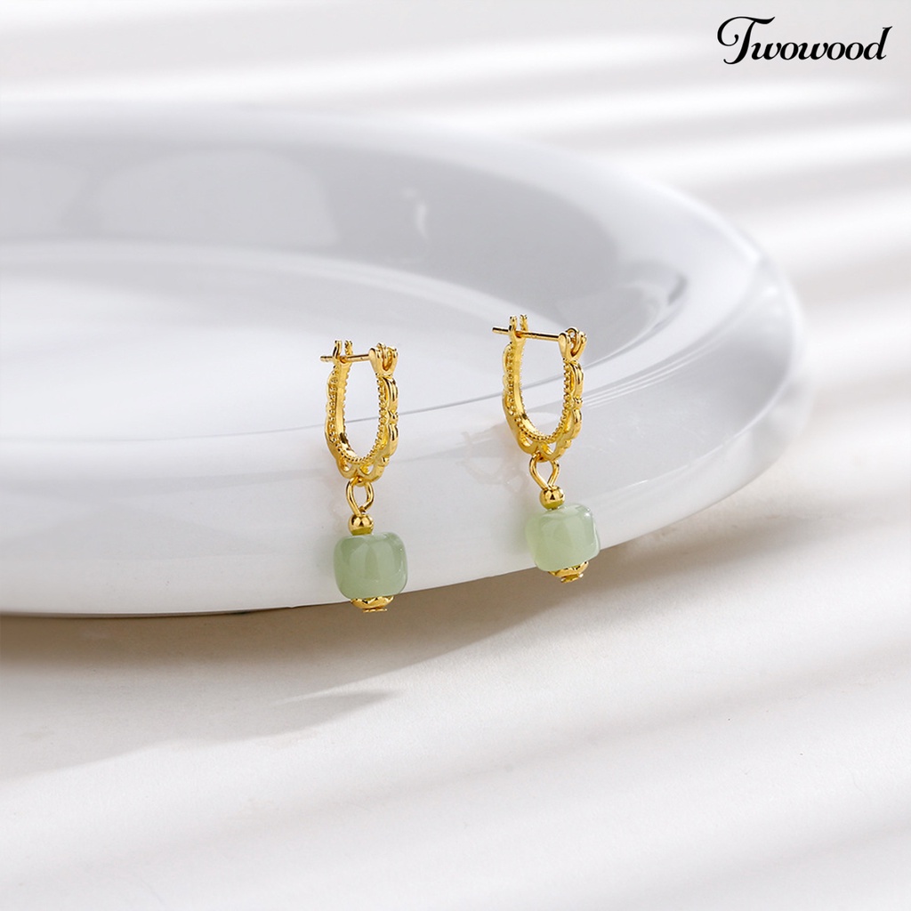 Twowood 1Pc Menjuntai Anting Gaya Cina Warna Emas Elegan Peri Hadiah Hypoallergenic Retro Faux Hetian Jade Drop Earring Perhiasan Aksesoris