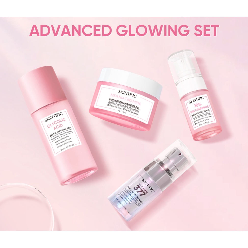 SKINTIFIC 4pcs Advanced Glowing set Skincare paket with MSH Niacinamide Brightening Moisturizer pelembab wajah pelembab yang mencerahkan+ Niacinamide Brightening Serum + Glycolic Acid Toner + symwhite377 Dark Spot Serum serum pencerah