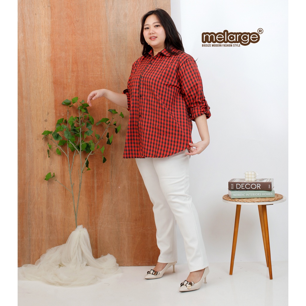 MELARGE - Kemeja Jumbo XXXXL 4XL 4L Motif Tartan Kotak-Kotak Square Big Size Kemeja Kerja Jumbo Wanita