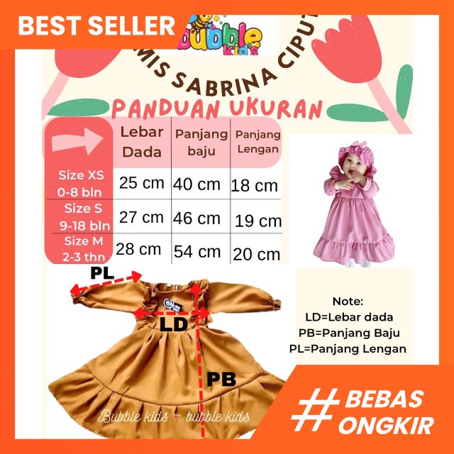 Gamis Sabrina Free Ciput Bayi Anak Balita Fashion Muslim Katun Polos 0-4 Tahun dusty