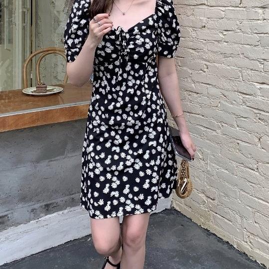 Buruan Serbu Dress V-Neck Midi Korea Model Sabrina | Dress A Line Print Daisy Lengan Puff