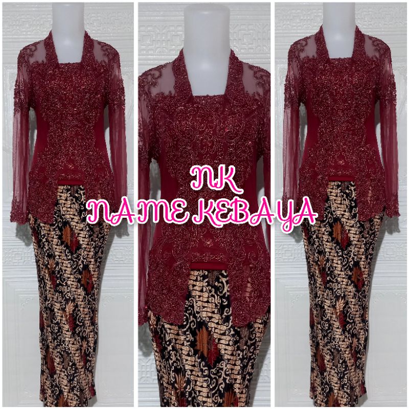 set kebaya pesta kebaya kutubaru maroon + rok prisket