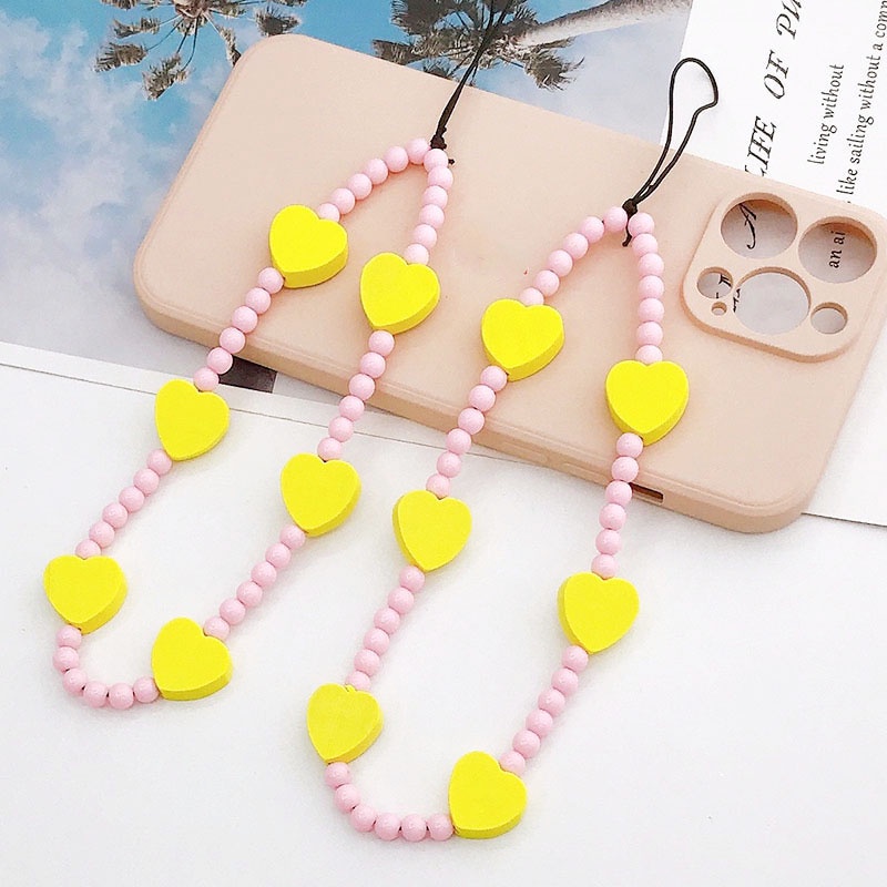 Gadis Lucu Kayu Cinta Hati Merah Muda Manik-Manik Bulat Universal Anti Hilang Rantai Untuk iPhone Android OPPO VIVO Huawei Xiaomi Redmi Samsung Semua Ponsel Earphone Cover