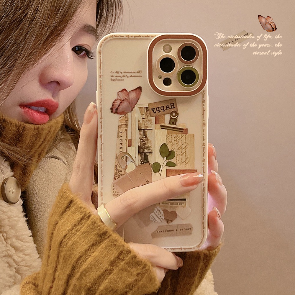 IPHONE [Mata Kucing] Soft Case TPU Anti Slip Untuk Iphone7Plus8 Plus X XS XR XS Max11 13 12 14 PRO Max 14 Plus Ins Fashion Grey Retro Sticker Wanita