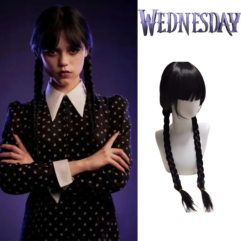 Film Rabu Addams Cosplay Wig Addams Keluarga Cosplay Gadis Wig Panjang Kepang Hitam Tahan Rambut Wig Sintetis