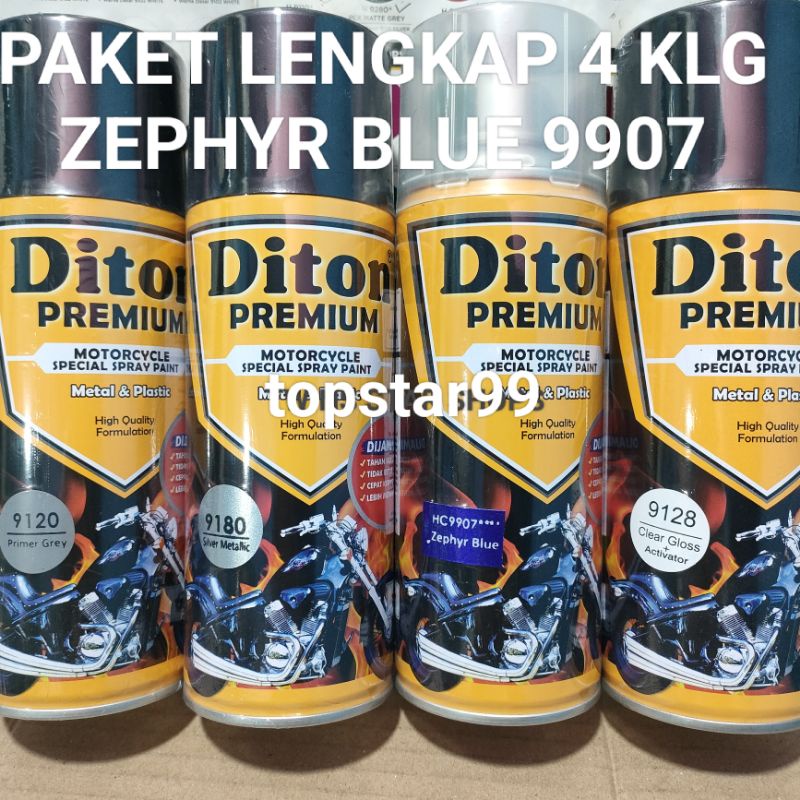 Pilok Cat Diton Premium Paket Lengkap 4 Kaleng 400cc Zephyr Blue Biru Metalic Metalik 9907 Primer Grey 9120 Silver Metalic 9180 Clear Glossy 9128 Pilox Cat Semprot Paketan Komplit