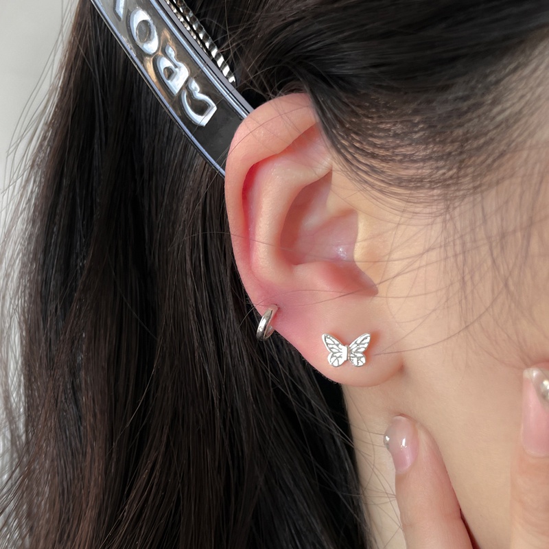 Roselife S925 Perak Double-head Round Ball Butterfly Stud Earrings Untuk Wanita Perempuan Anti Alergi Chic Tindik Tulang Rawan Sekrup Anting Telinga Tulang Perhiasan 1pasang