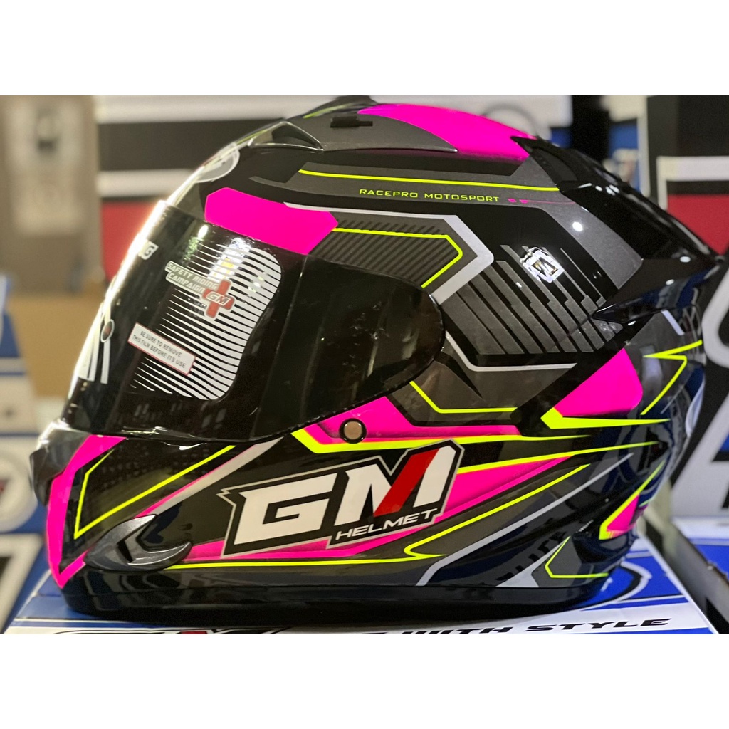 Helm GM Race Pro Tuner Black Black Pink Glossy Full Face Single Visor Smoke Helem Motor SNI Touring 