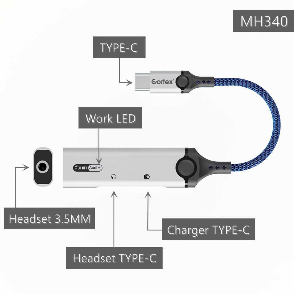 Cortex MH340 USB-C Splitter 3in1 Type-C to Charging + 3.5mm Audio + Type-C Audio Open Mic 60W Charging Adapter