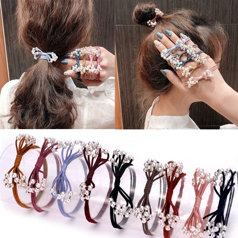 Ikat Rambut Bahan Karet Warna Solid Aksen Mutiara Gaya Korea Untuk Anak Perempuan