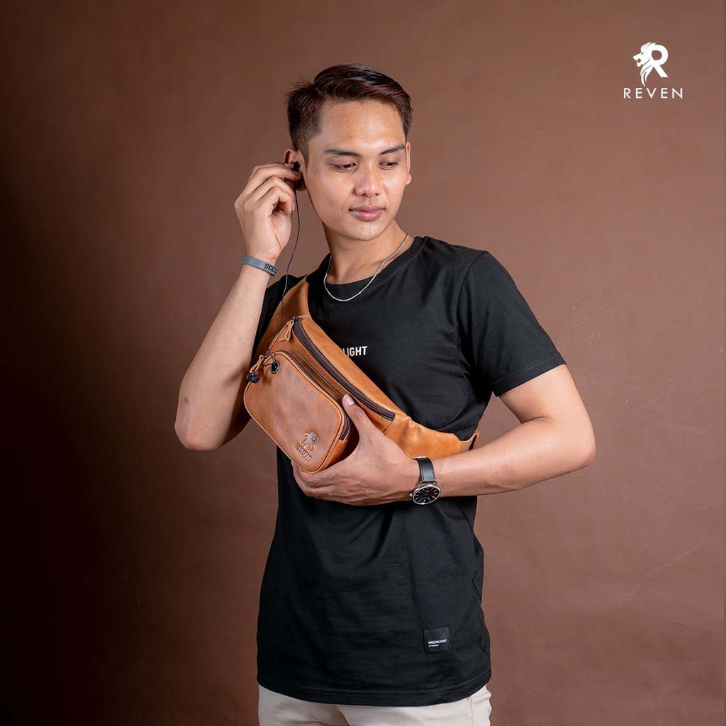 Tas Selempang Kulit Pria Slempang Bahu Reven Zeus Leather Waistbag Pinggang Bahan 100% Kulit Sapi Asli Original Premium