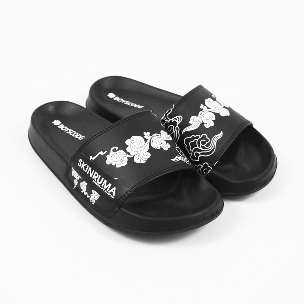 Sendal Slop Pria Wanita BOYSCODE X SKINRUMA Japan Clouds Hitam / Slide Pria / Slip On Pria / Sendal Cowok / Sendal Cewek