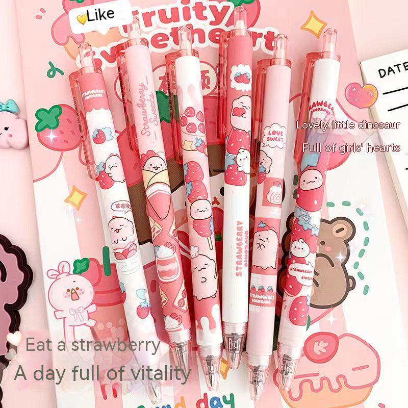 Kartun Lucu Cream Strawberry Pink Dinosaurus Kecil Pena Netral Hitam 0.5mm Tanda Tangan Siswa Pena Alat Tulis Kantor Push-Type Core Pena Menulis Hari Anak Hadiah