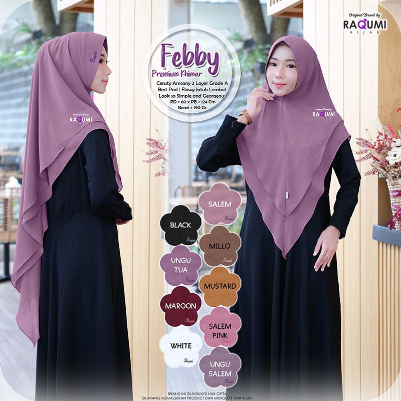 Febby Premium Khimar || Raqumi Hijab by Khaka Fashion || Bahan Ceruty premium 2 layer grade A  sanga